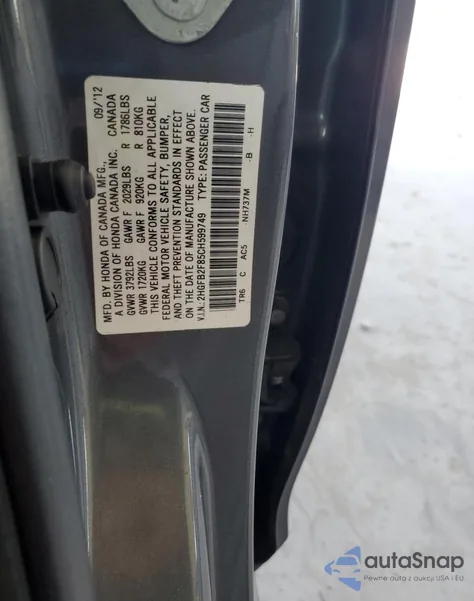 2012 Honda Civic Ex из США, поврежденный, VIN 2HGFB2F85CH599749